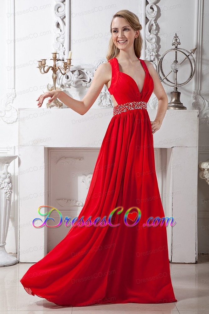 Red V-neck Crossed Back Chiffon Prom / Homecoming Dress with Beading