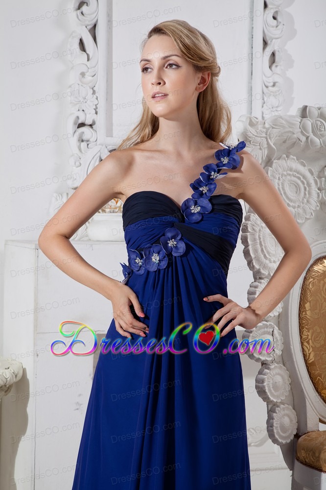 Blue Column One Shoulder Prom Dress Hand Made Flowers Long Chiffon