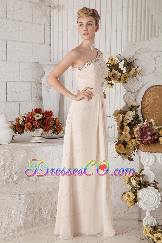 Champagne Empire One Shoulder Long Chiffon Beading And Ruching Prom Dress