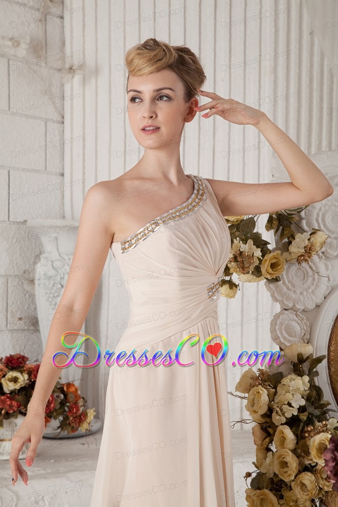 Champagne Empire One Shoulder Long Chiffon Beading And Ruching Prom Dress