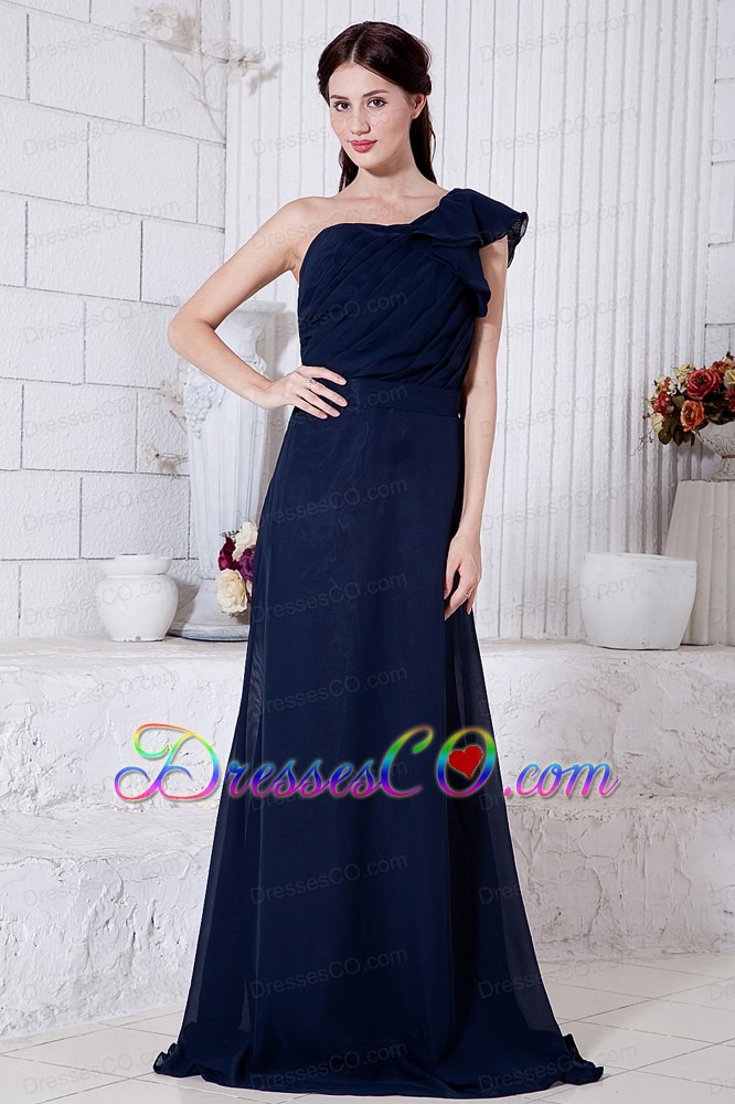 Navy Blue Empire One Shoulder Ruching Prom / Evening Dress Brush Train Chiffon