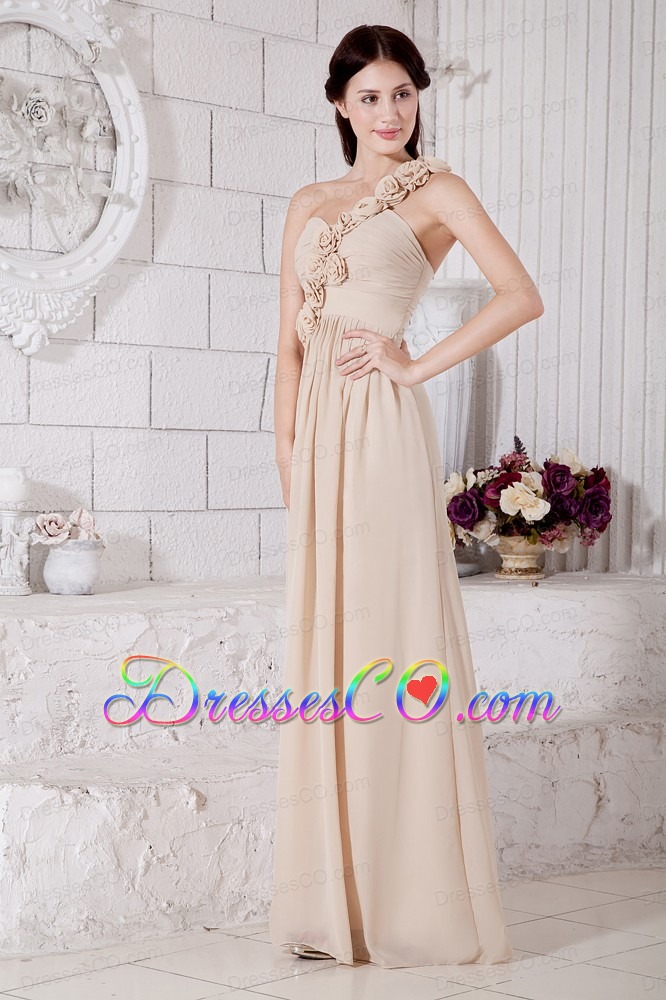 Champagne Empire One Shoulder Hand Made Flowers Prom Dress Long Chiffon