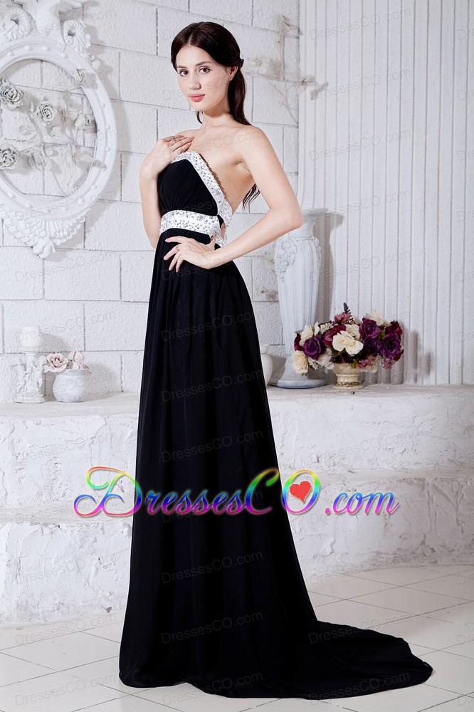 Sexy Black Strapless Prom / Evening Dress Brush Train Chiffon Beading