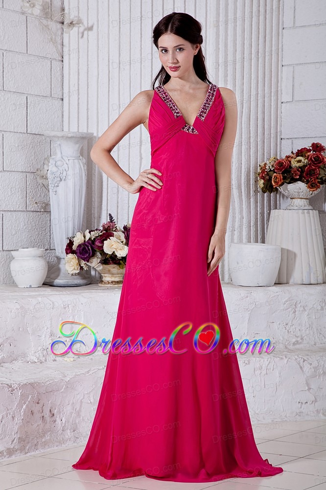 Coral Red Empire Prom / Evening Dress V-neck Brush Train Chiffon Beading