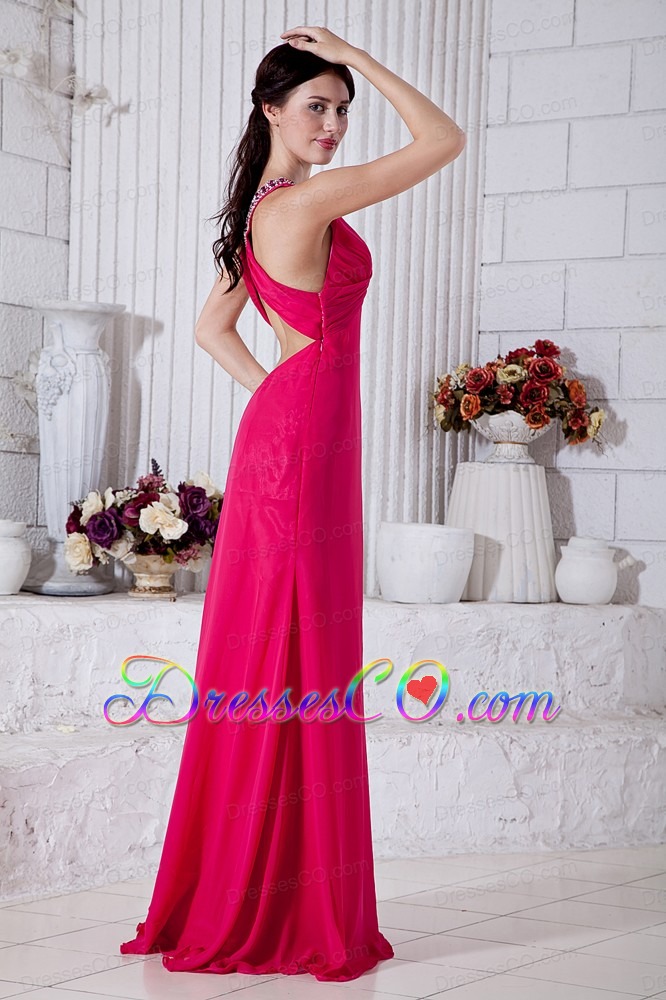 Coral Red Empire Prom / Evening Dress V-neck Brush Train Chiffon Beading