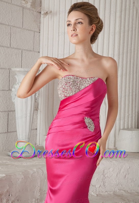 Hot Pink Trumpet / Mermaid Strapless Brush Train Elastic Woven Satin Beading Prom / Pageant Dress