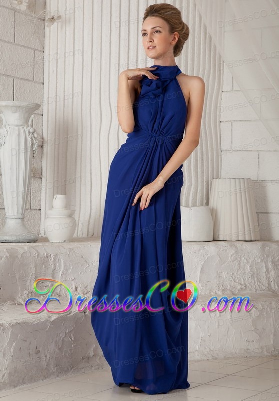 Blue Column Halter Watteau Train Chiffon Ruching Prom / Evening Dress