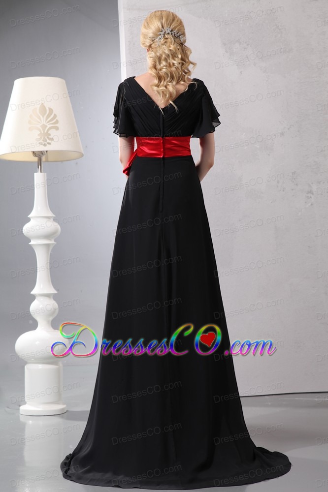 Beautiful Black V-neck Bow Prom Dress with Red Sash Brush Train Chiffon and Taffeta Empire
