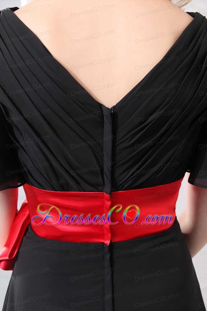 Beautiful Black V-neck Bow Prom Dress with Red Sash Brush Train Chiffon and Taffeta Empire