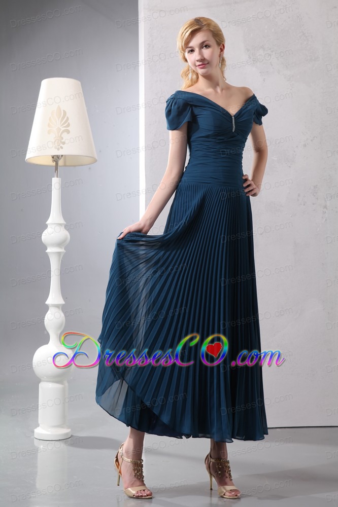 Elegant Navy Blue Homecoming Dress Empire V-neck Ankle-length Chiffon And Organza Beading