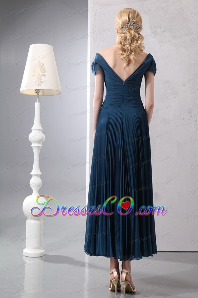 Elegant Navy Blue Homecoming Dress Empire V-neck Ankle-length Chiffon And Organza Beading