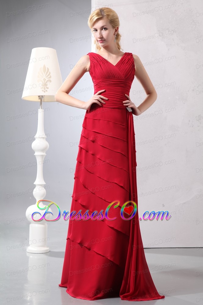 Perfect Wine Red Column V-neck Ruching Prom Dress Long Chiffon