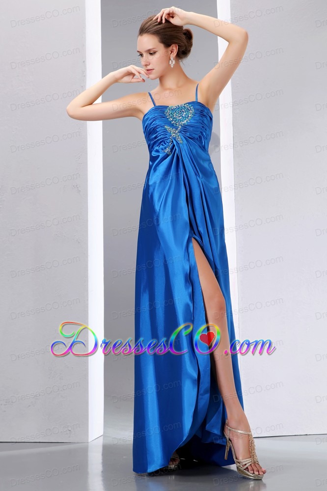Cheap Blue Prom Dress Column Spaghetti Straps Beading And Ruching Long Elastic Woven Satin