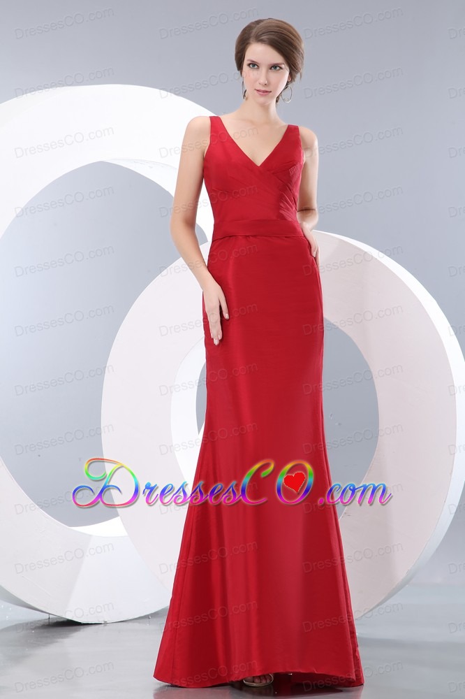 Elegant Red Column V-neck Ruching Prom Dress Long Taffeta