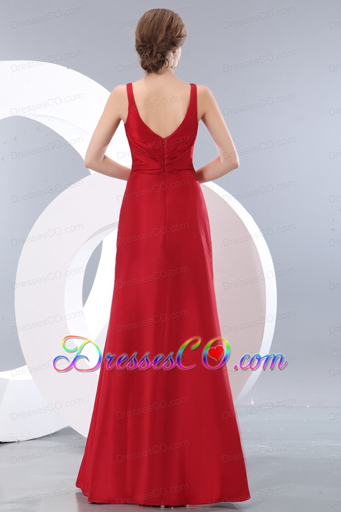 Elegant Red Column V-neck Ruching Prom Dress Long Taffeta