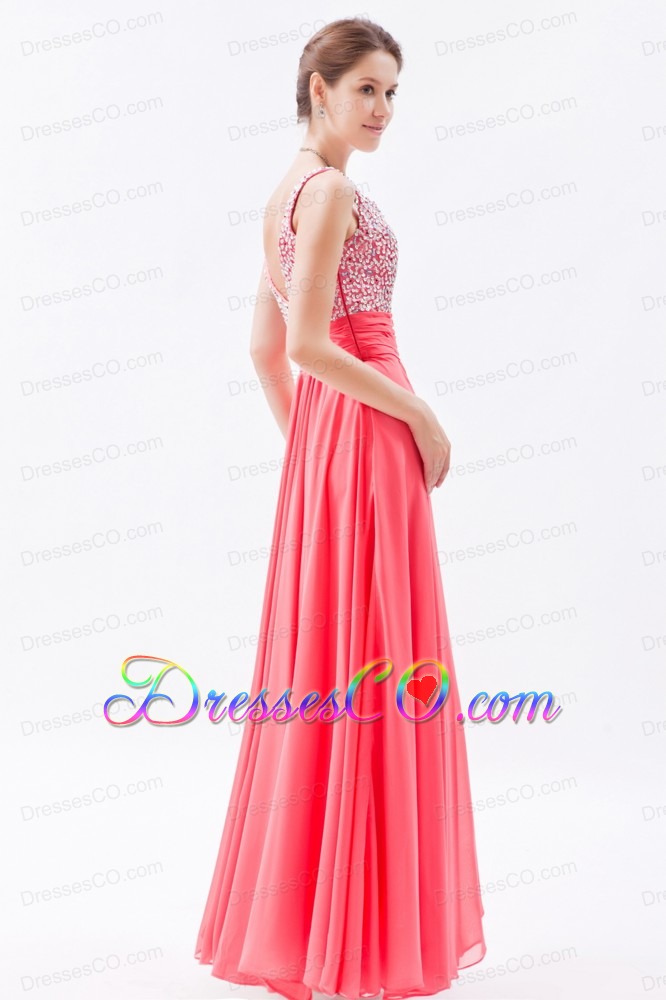 Coral Red Empire Straps Chiffon Prom Dress Beading Long