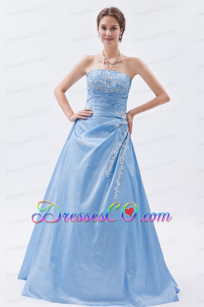 Light Blue A-line / Princess Strapless Prom Dress Taffeta Appliques Long