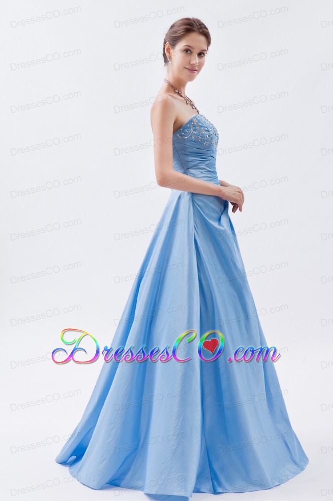 Light Blue A-line / Princess Strapless Prom Dress Taffeta Appliques Long