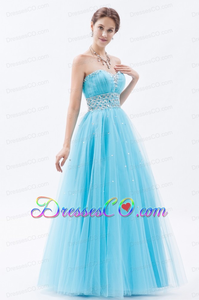 Aqua Blue A-line / Princess Prom Dress Tulle Beading Long