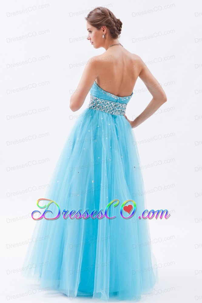 Aqua Blue A-line / Princess Prom Dress Tulle Beading Long