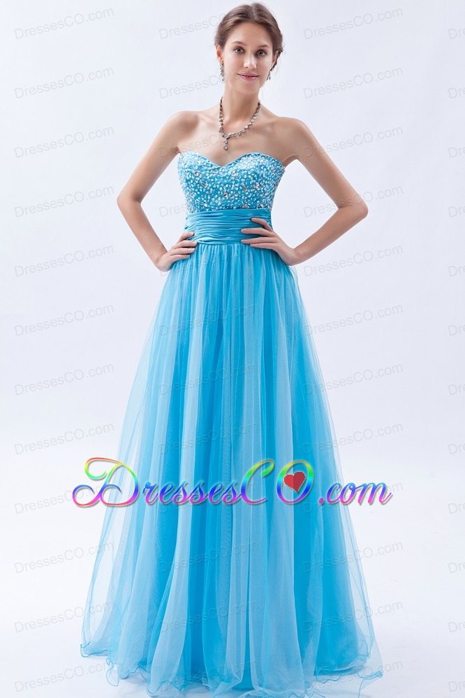 Baby Blue A-line / Princess Prom Dress Tulle Beading Long