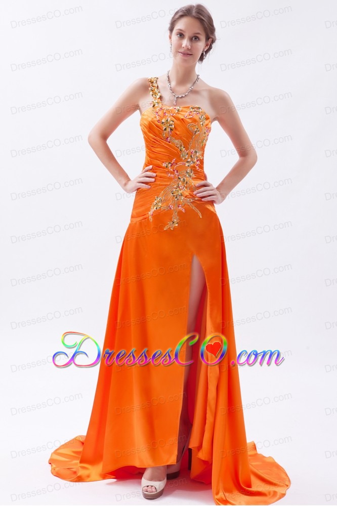 Orange Empire One Shoulder Brush Train Taffeta Embroidery with Beading Prom Dress