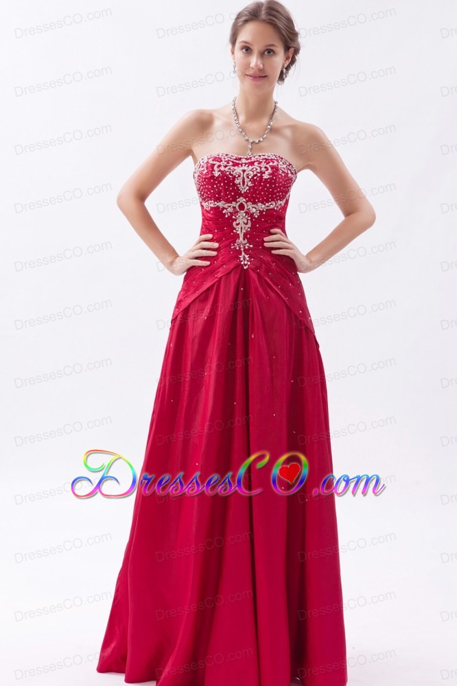 Coral Red Column / Sheath Strapless Prom Dress Satin Embroidery With Beading Long