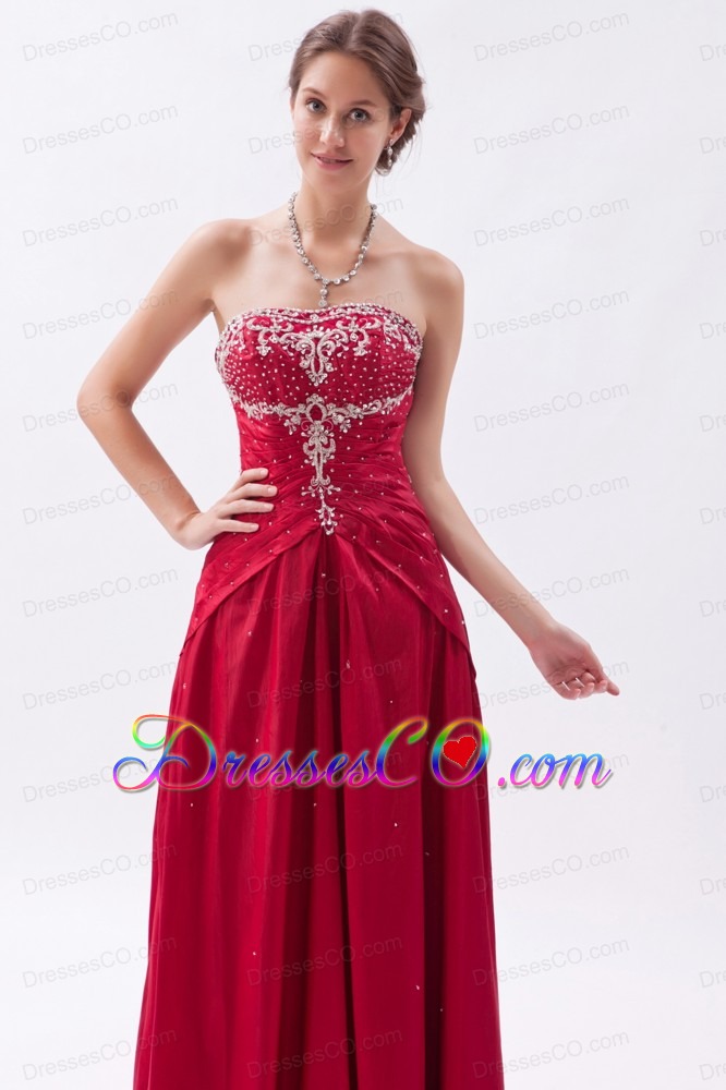 Coral Red Column / Sheath Strapless Prom Dress Satin Embroidery With Beading Long