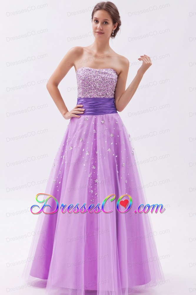 Lavender A-line / Princess Strapless Prom Dress Tulle Beading Long