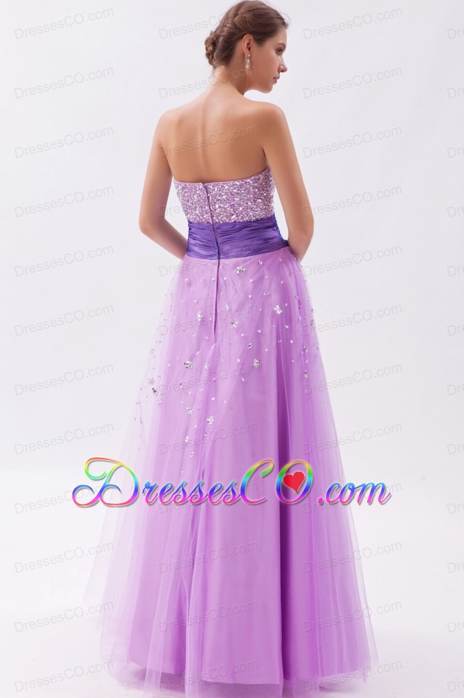 Lavender A-line / Princess Strapless Prom Dress Tulle Beading Long