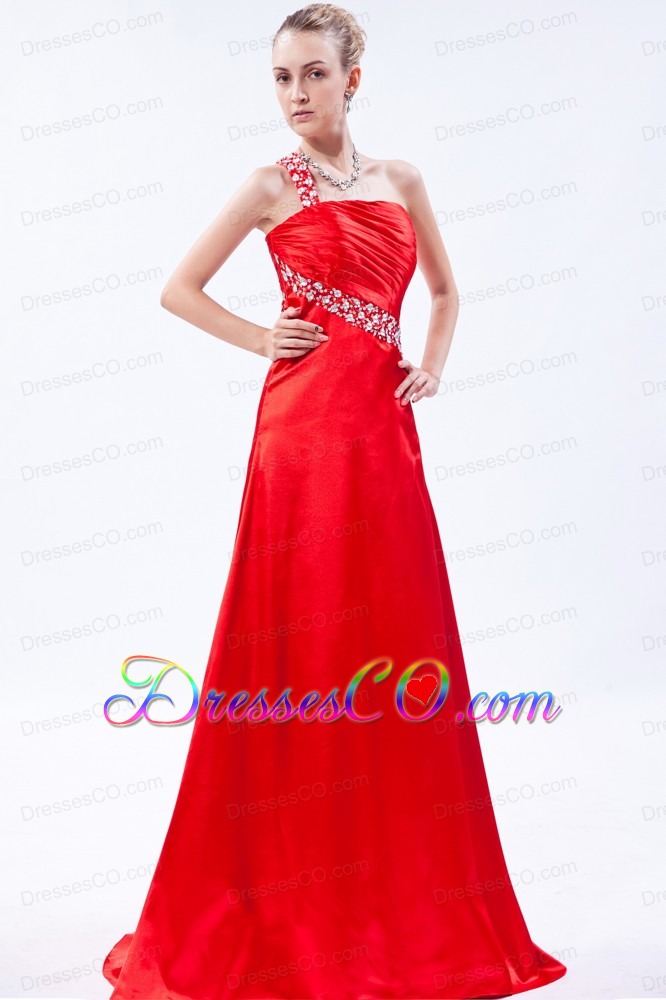 Red Column One Shoulder Prom Dress Taffeta Beading and Ruching Brush Train