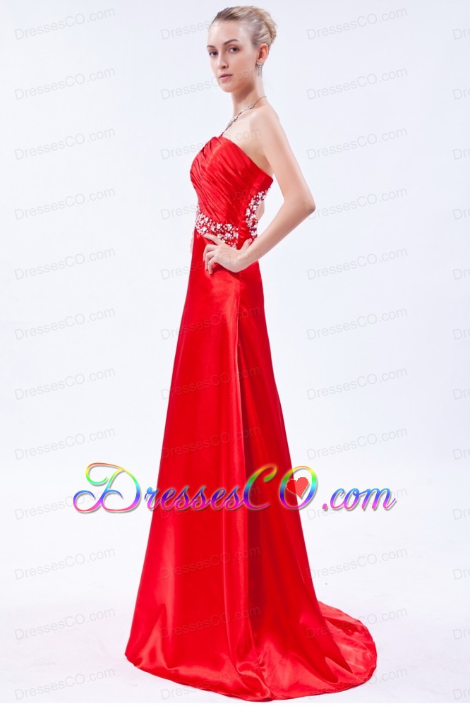 Red Column One Shoulder Prom Dress Taffeta Beading and Ruching Brush Train