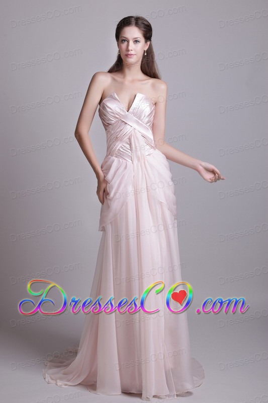 Baby Pink Empire Strapless Brush Train Chiffon Pleat Prom Dress