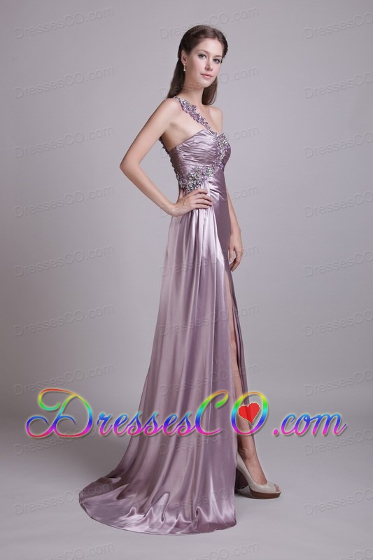 Lavender Empire One Shoulder Brush Train Elastic Woven Satin Beading Prom Dress