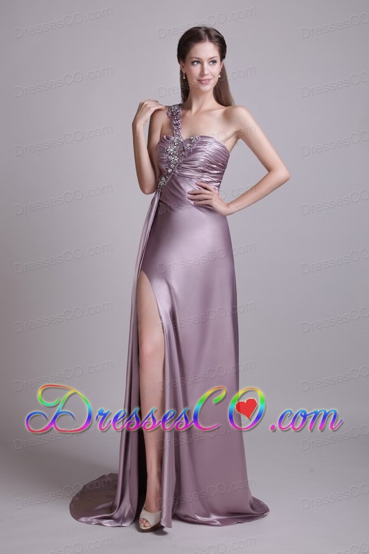 Lavender Empire One Shoulder Brush Train Elastic Woven Satin Beading Prom Dress