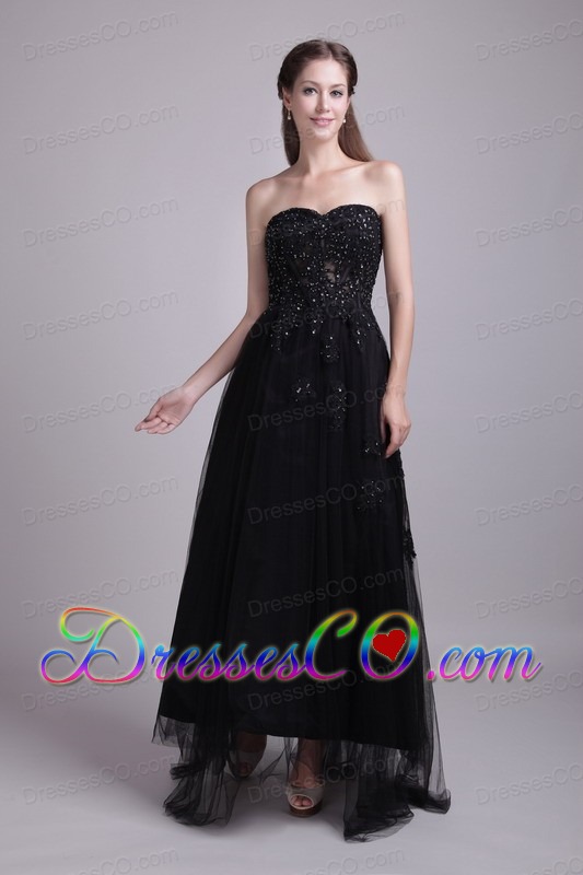 Black Empire Ankle-length Tulle Appliques Prom Dress