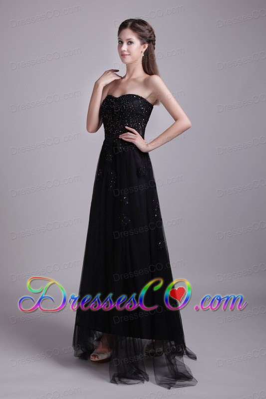 Black Empire Ankle-length Tulle Appliques Prom Dress