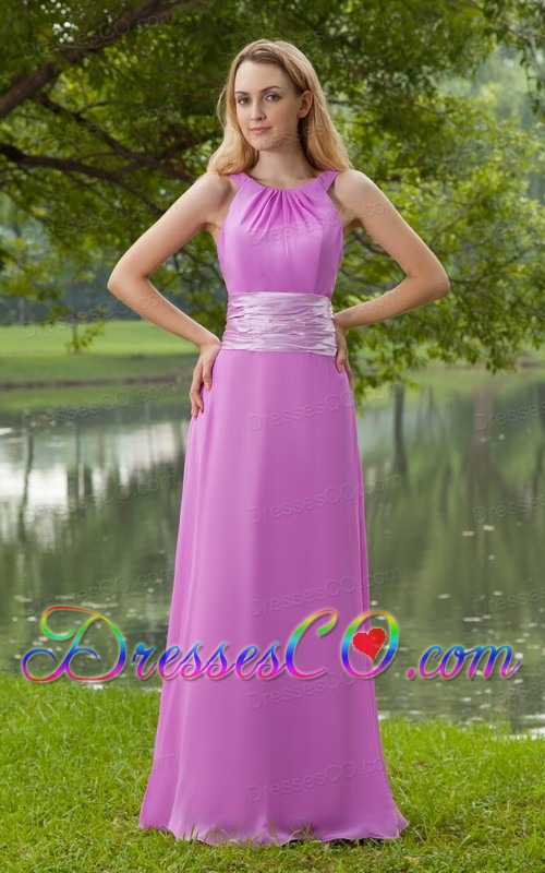 Lavender Empire Bateau Brush Train Chiffon Ruching Prom Dress