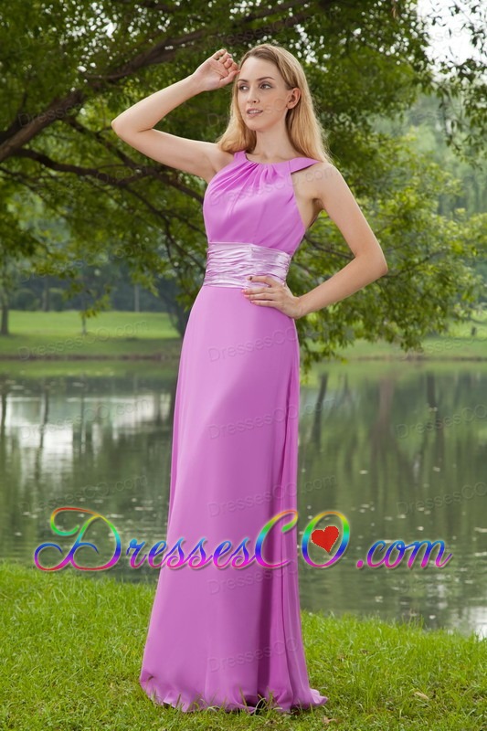 Lavender Empire Bateau Brush Train Chiffon Ruching Prom Dress