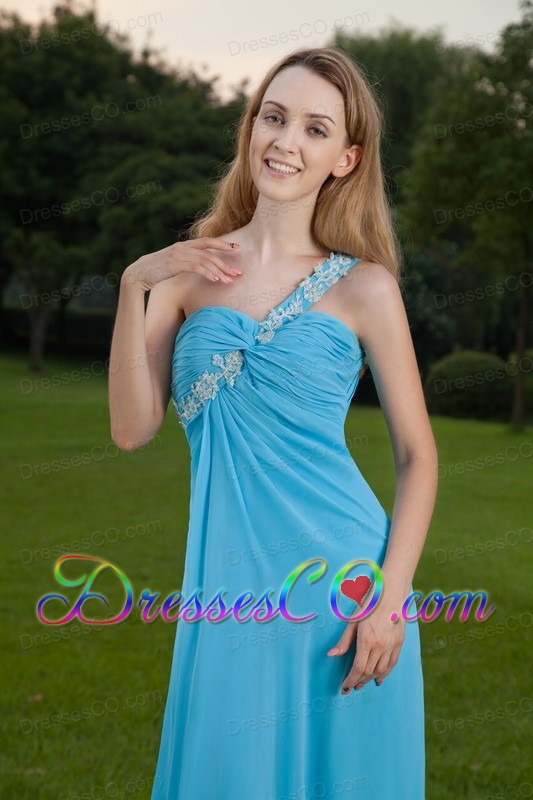 Baby Blue Empire One Shoulder Brush Train Chiffon Appliques and Ruching Prom / Celebrity Dress