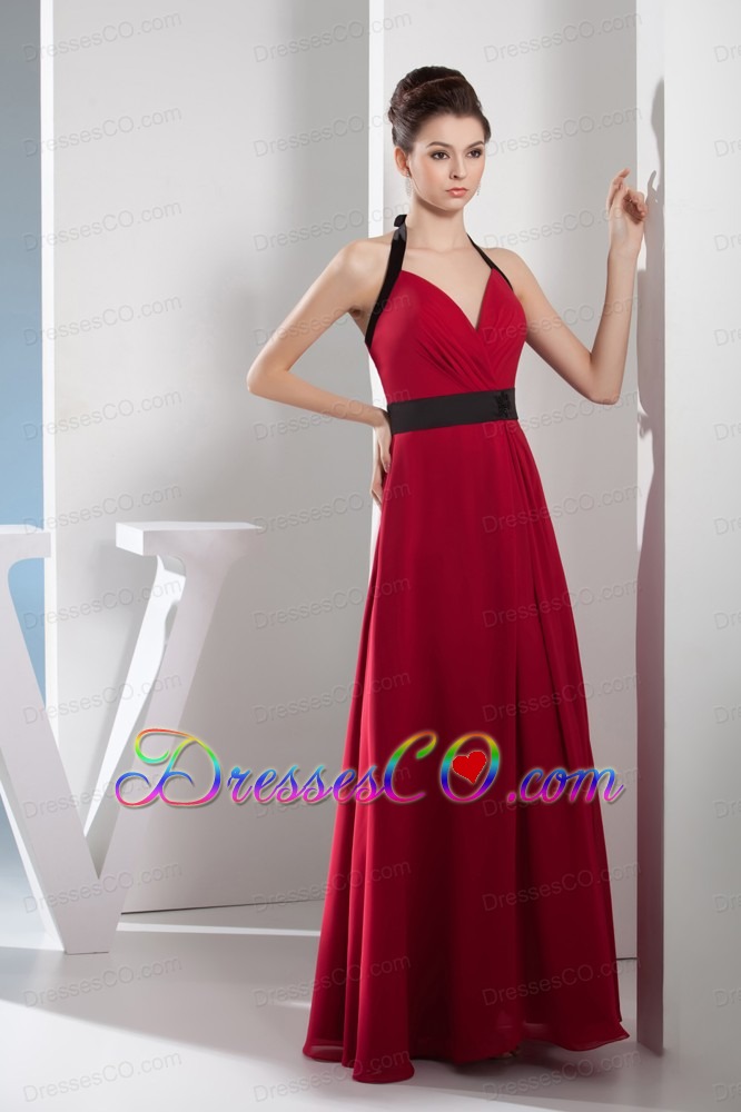 Simple Column Halter Sash Long Red Prom Dress