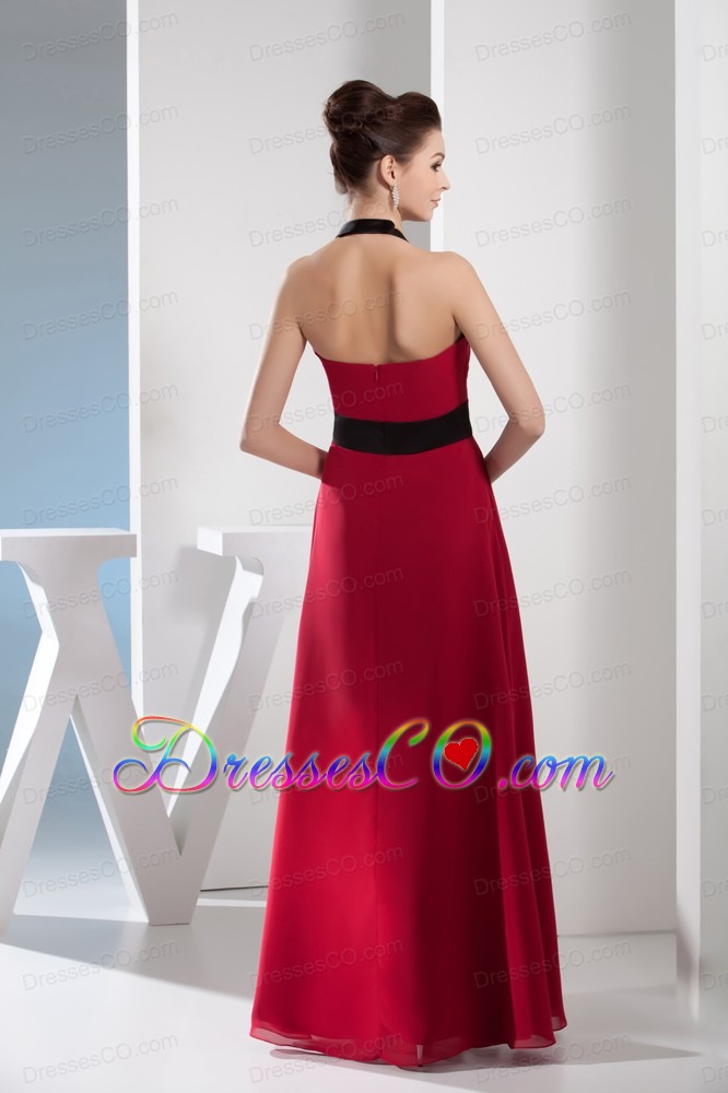 Simple Column Halter Sash Long Red Prom Dress