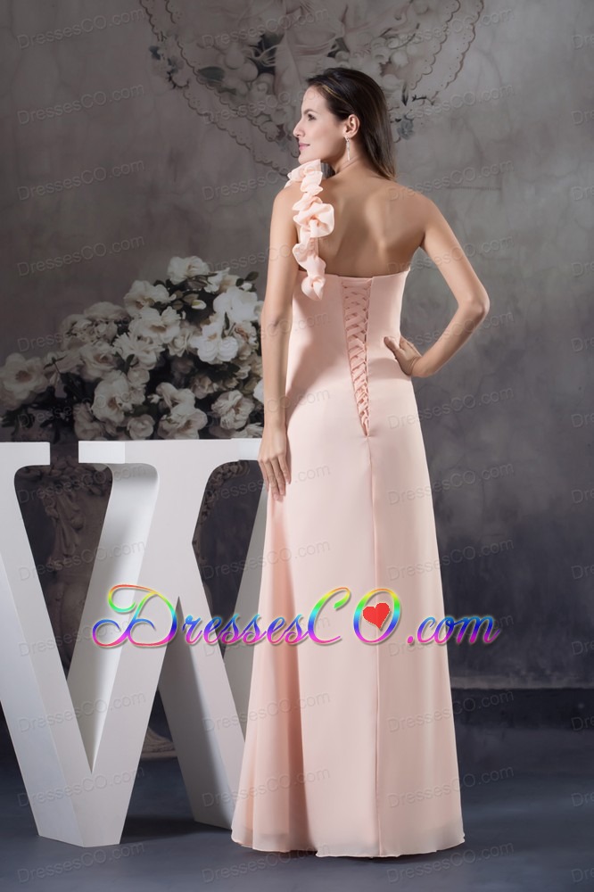 Hand Made Flowers Column One Shoulder long Light Pink Prom Dress