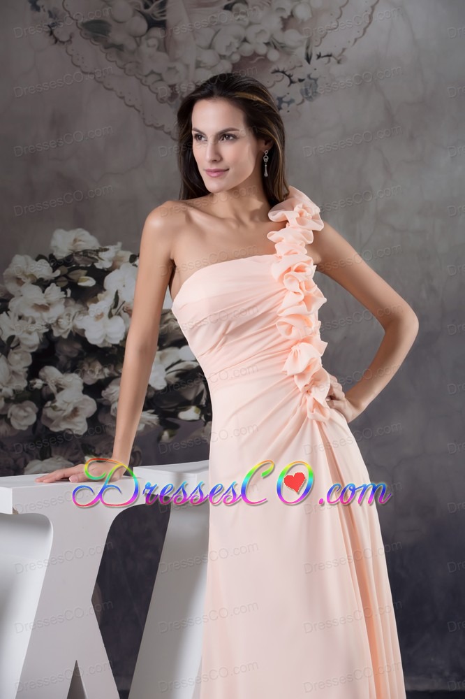 Hand Made Flowers Column One Shoulder long Light Pink Prom Dress