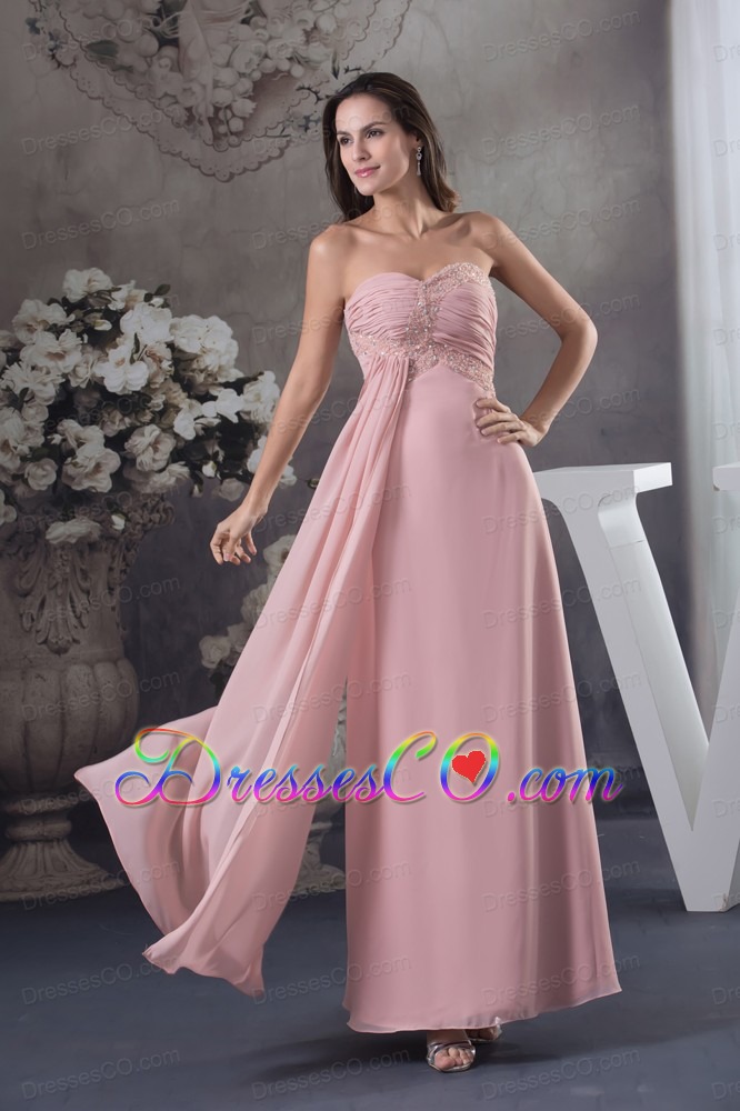 Simple Beading Pink Long Column Prom Dress