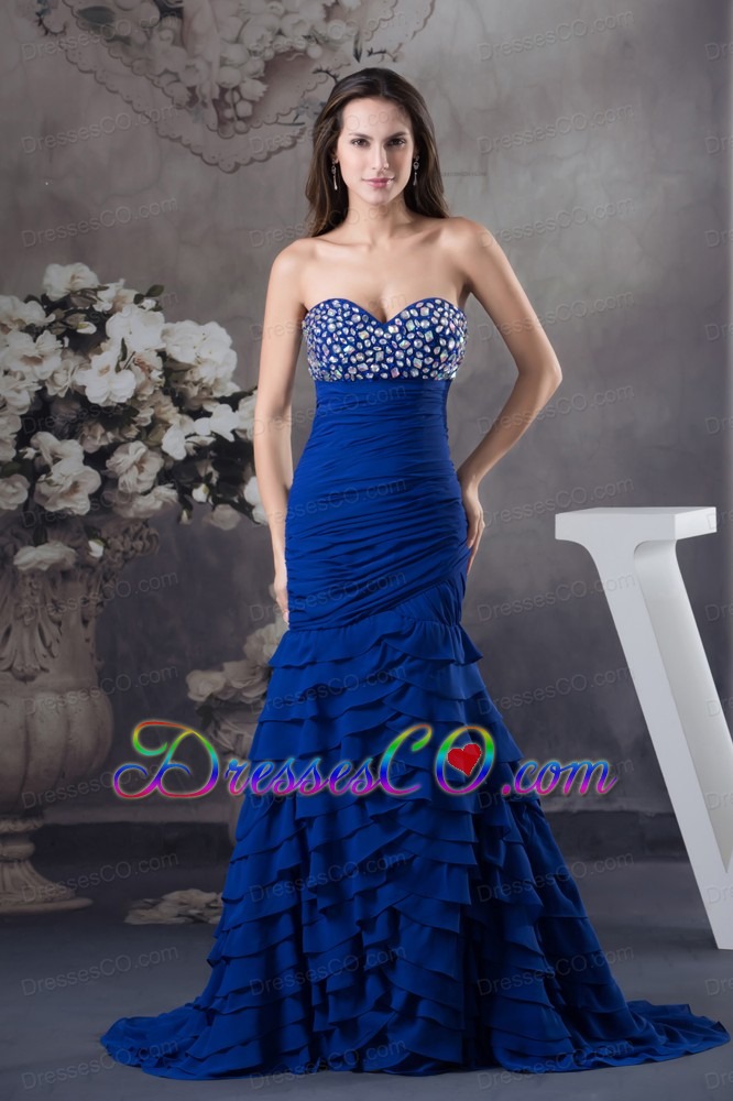 Rhinestone and Ruffled Layers Mermaid Royal Blue Prom Dress