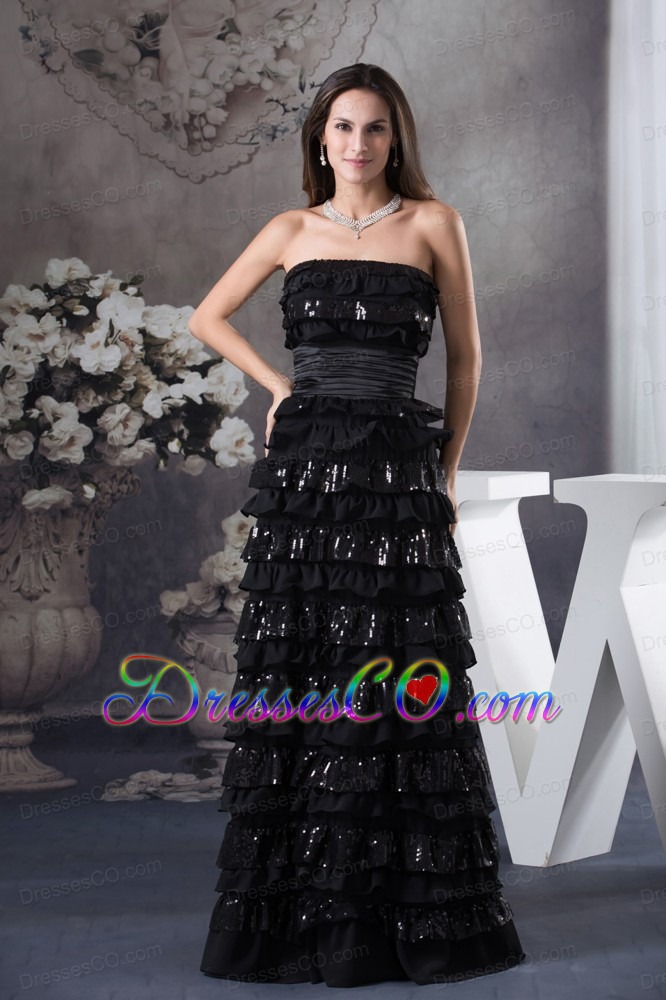 Ruffled Layers Strapless long Column Prom Dress in Black