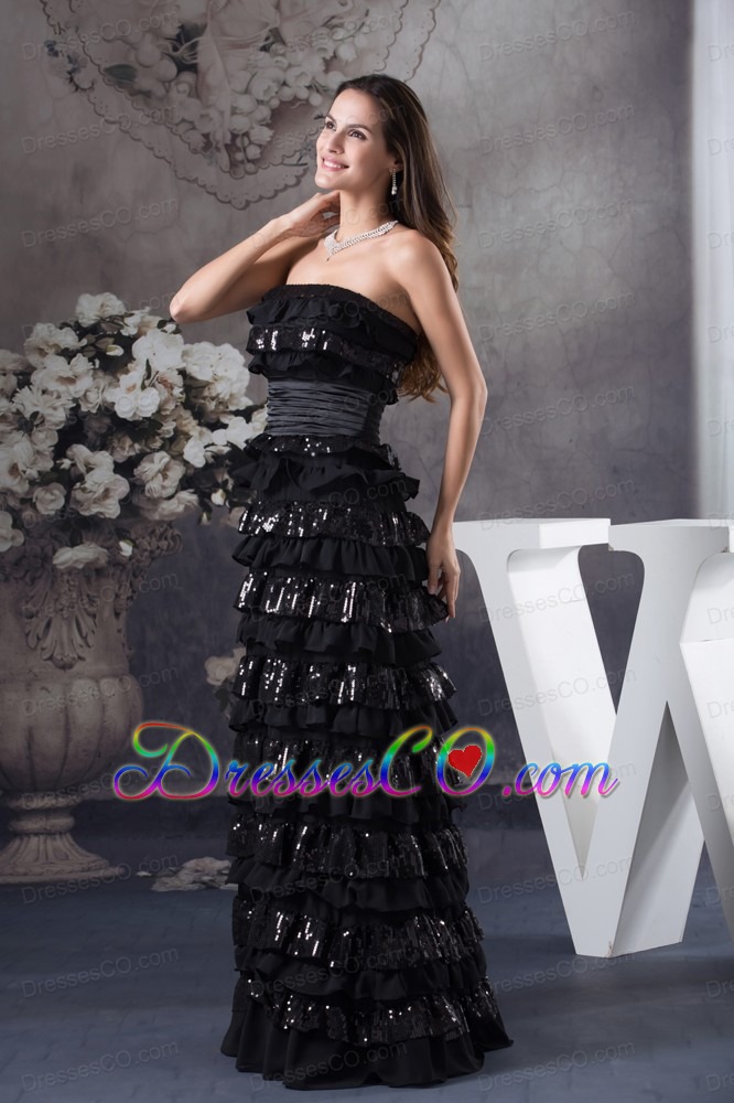 Ruffled Layers Strapless long Column Prom Dress in Black