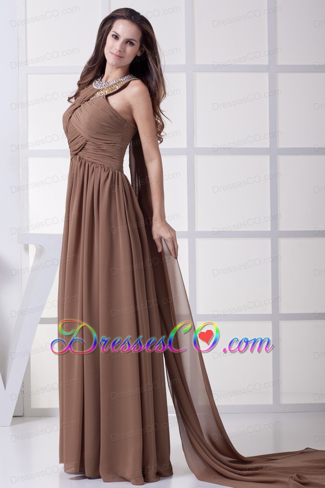 Beading and Ruching Brown Watteau Train Prom Dress