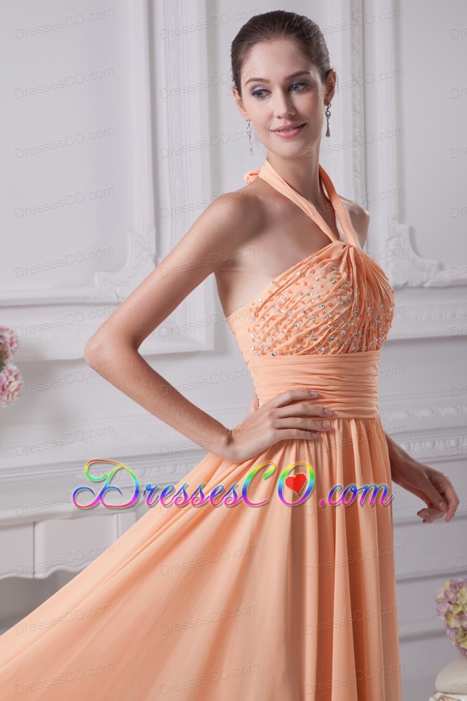 Halter Top Orange Beading Empire Brush Train Prom Dress
